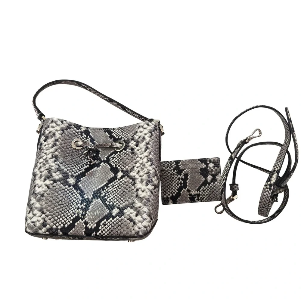 Kate Spade 2 Way Bucket Bag Grey Black Snakeskin Embossed Leather Crossbody Set